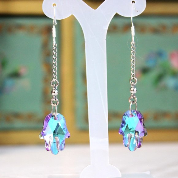 🧿Purple Blue Ombre Gradient Crystal Hasma Hand Dangle Earrings🧿 - Picture 1 of 5